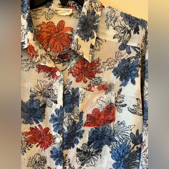 75 Degrees & Fuzzy Women Cotton Shirt Blouse Button Down Floral Blue Red Top - Picture 4 of 9